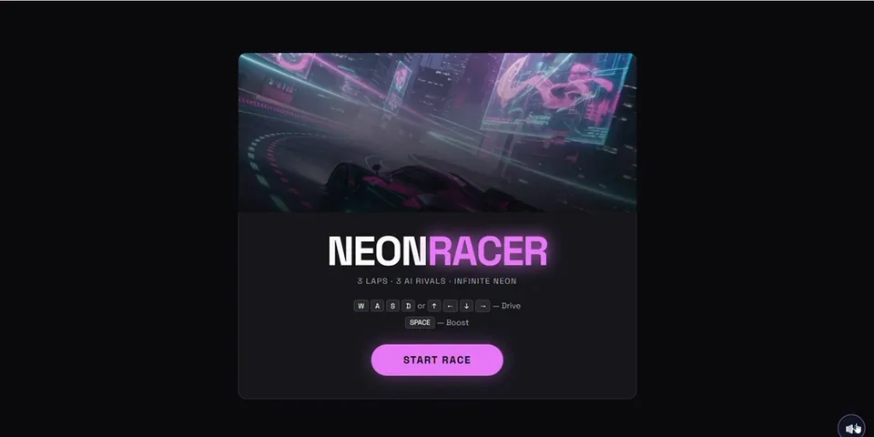 NovaArc building NeonRacer, a browser 3D racing game, from one prompt.